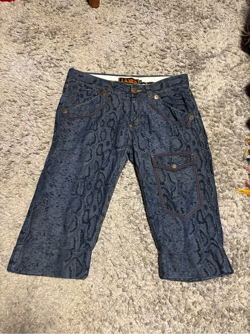 L.A.M.B. Dark Blue Snake-Print Jean Shorts